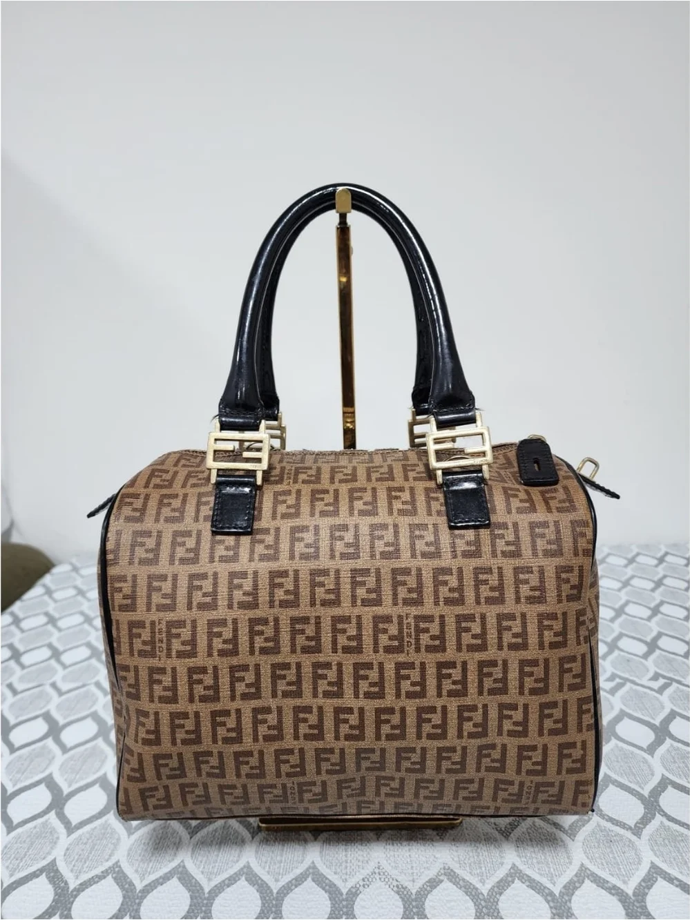 Fendi Zucchino Coated Canvas And Patent Leather Boston Bag Brown/Black